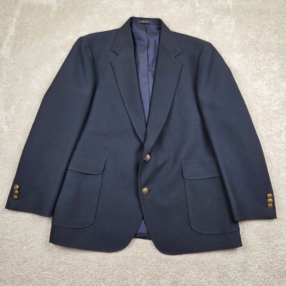 Haggar Mens 44R Blazer Navy Blue Gold Crest Buttons 2 Button Sport Coat USA Made